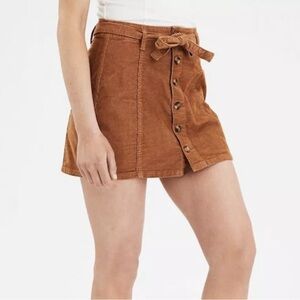 American Eagle Hi-Rise A-Line Skirt Corduroy Tie Waist Stretch Brown Size 10
